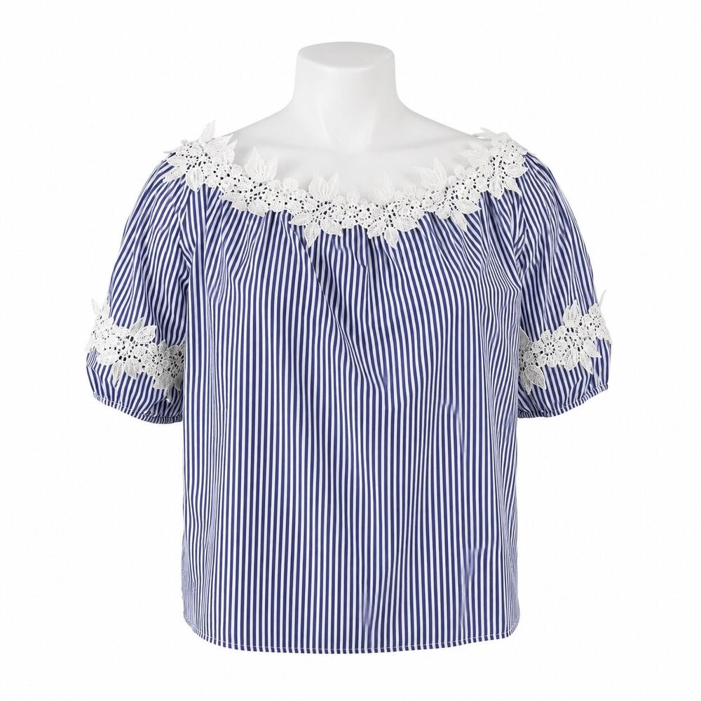 NEW Good Times Blue White Striped Floral Short Puff Sleeve Blouse Top Sz 1X/2X